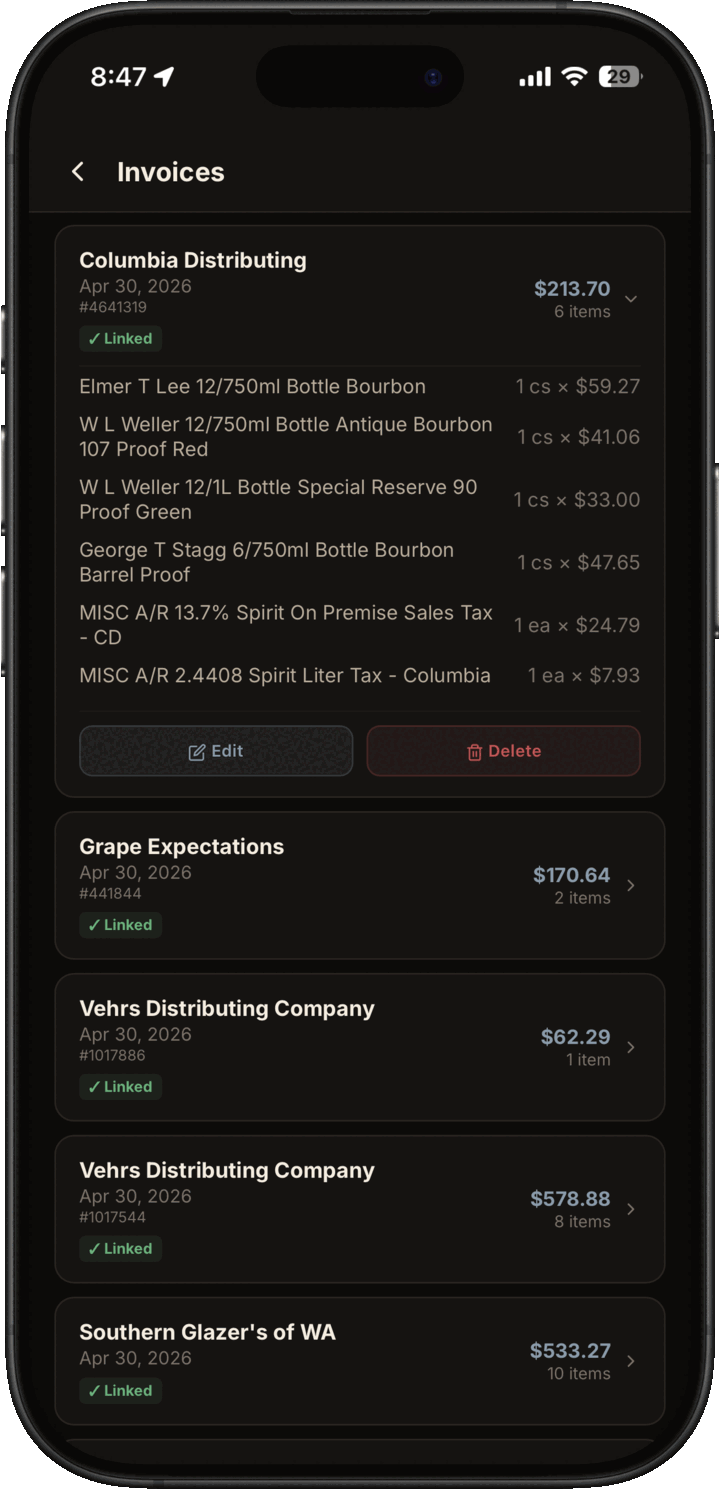 Admin invoice OCR review list with vendor invoices, extracted line items, totals, and linked status