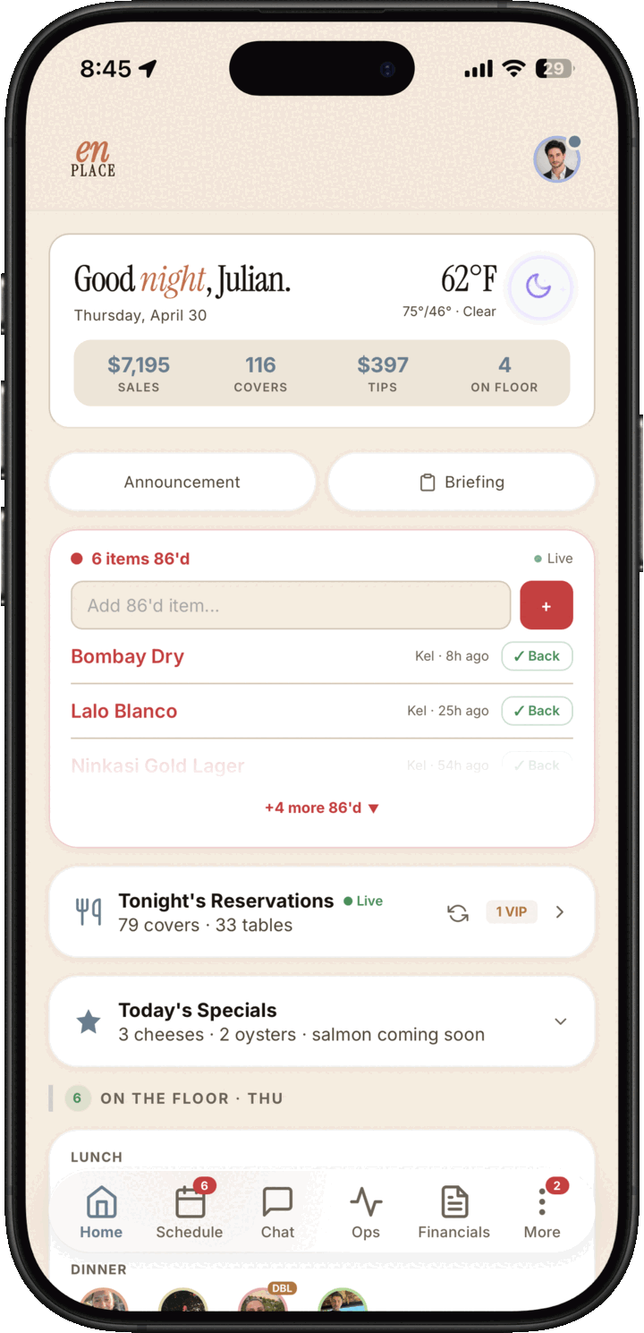 Light mode admin home dashboard with sales, covers, tips, on-floor count, reservations, and 86'd items
