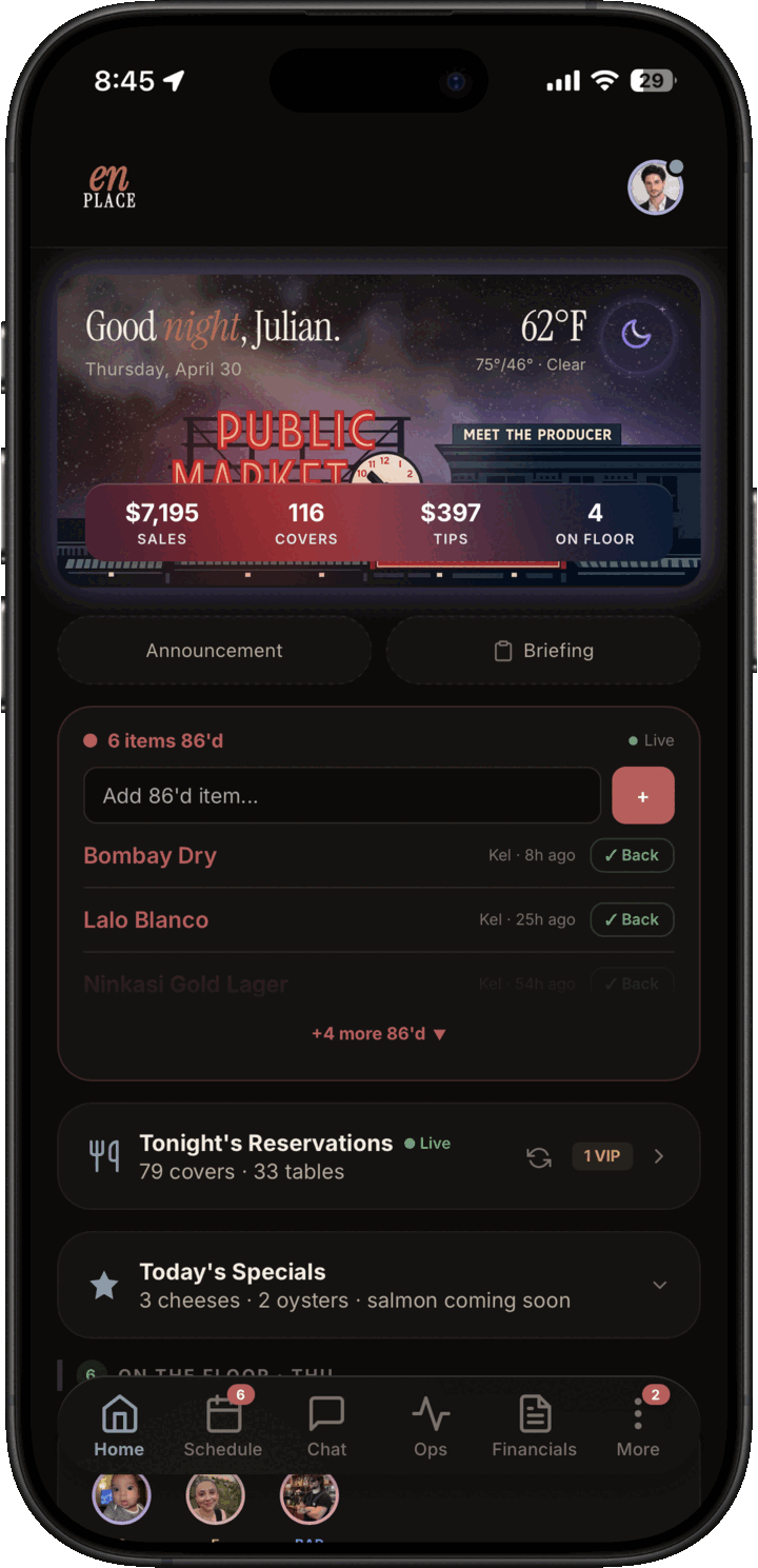 Admin home dashboard with live sales, covers, tips, weather, reservations, and 86'd items