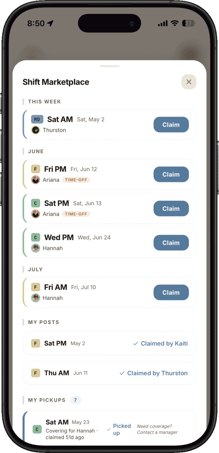 Light mode staff shift marketplace with available pickup shifts, claim buttons, posted shifts, and pickup history