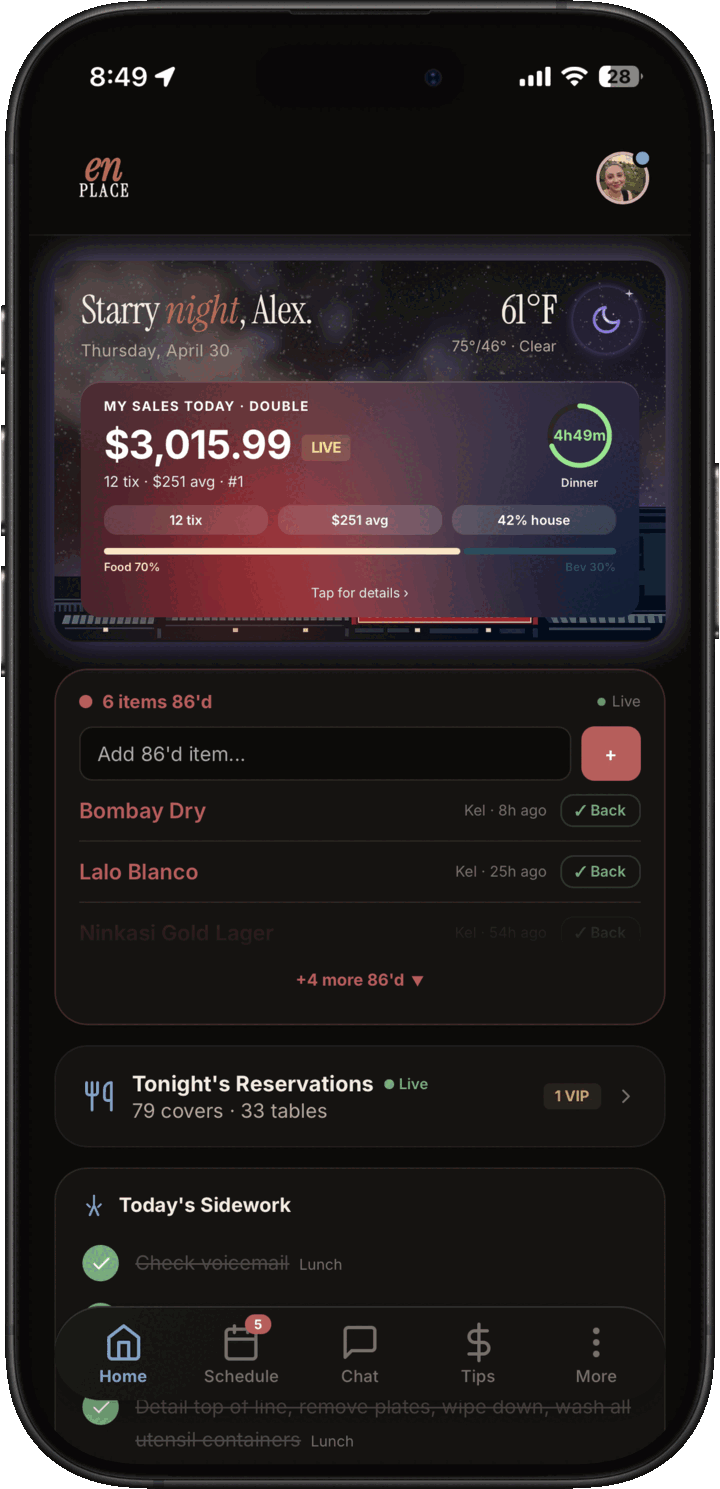 Dark mode staff home dashboard with today's sales, tip estimate, reservations, sidework, and 86'd items