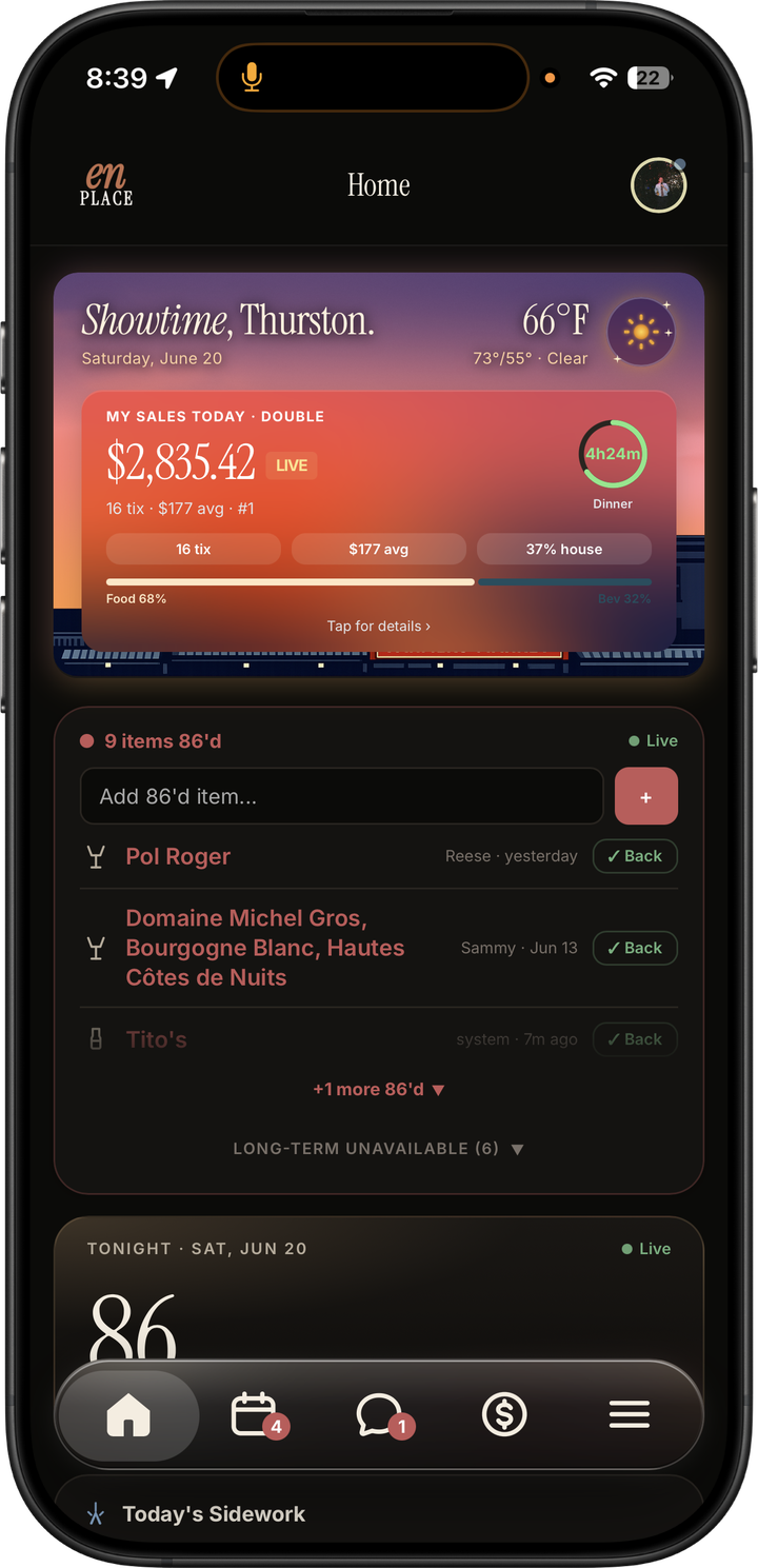 Dark mode staff home dashboard with personal sales, 86'd items, reservations, sidework, and bottom navigation