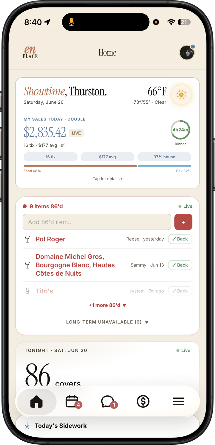 Light mode staff home dashboard with personal sales, 86'd items, reservations, sidework, and bottom navigation