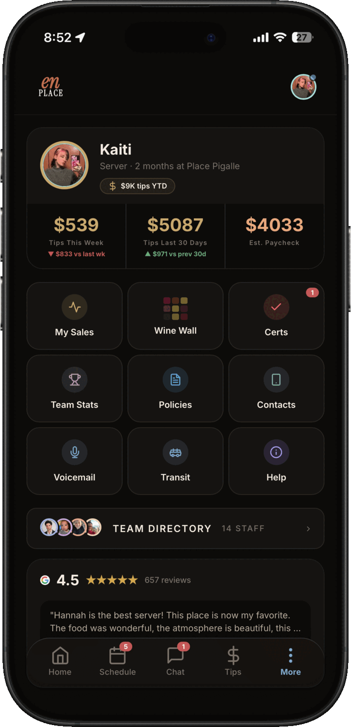Dark mode staff profile dashboard with pay metrics, quick links, team directory, policies, contacts, and help