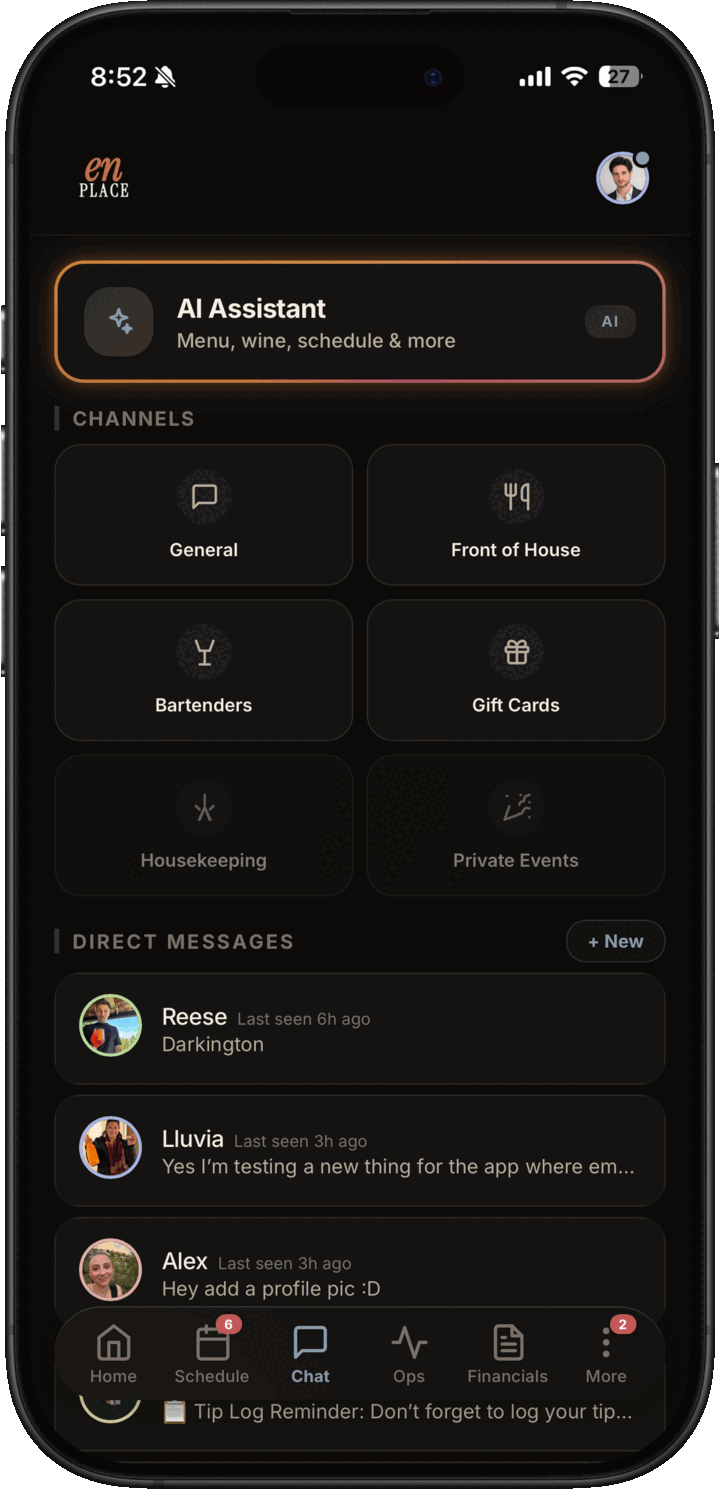 Dark mode staff chat hub with AI assistant, channel tiles, direct messages, and bottom navigation