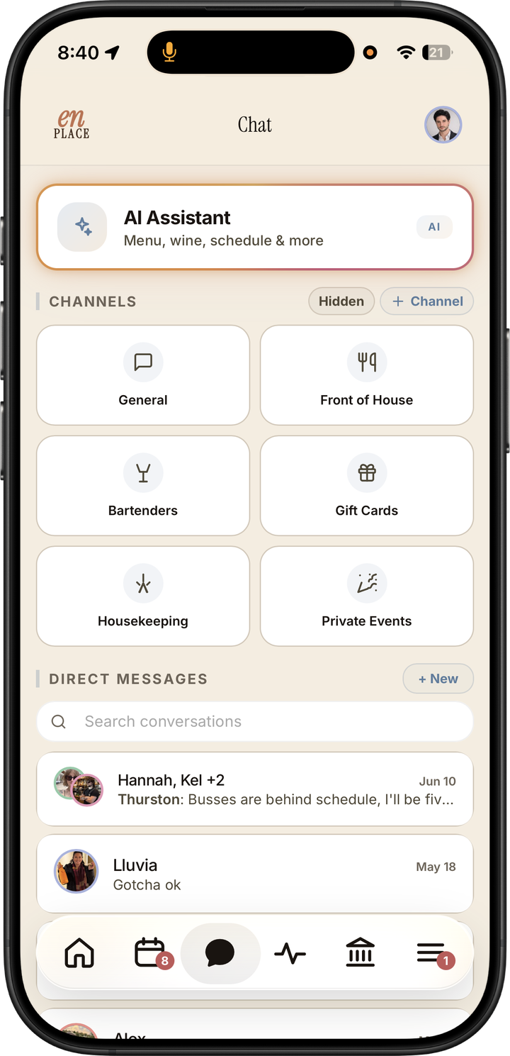 Light mode staff chat hub with AI assistant, channel tiles, direct messages, and bottom navigation
